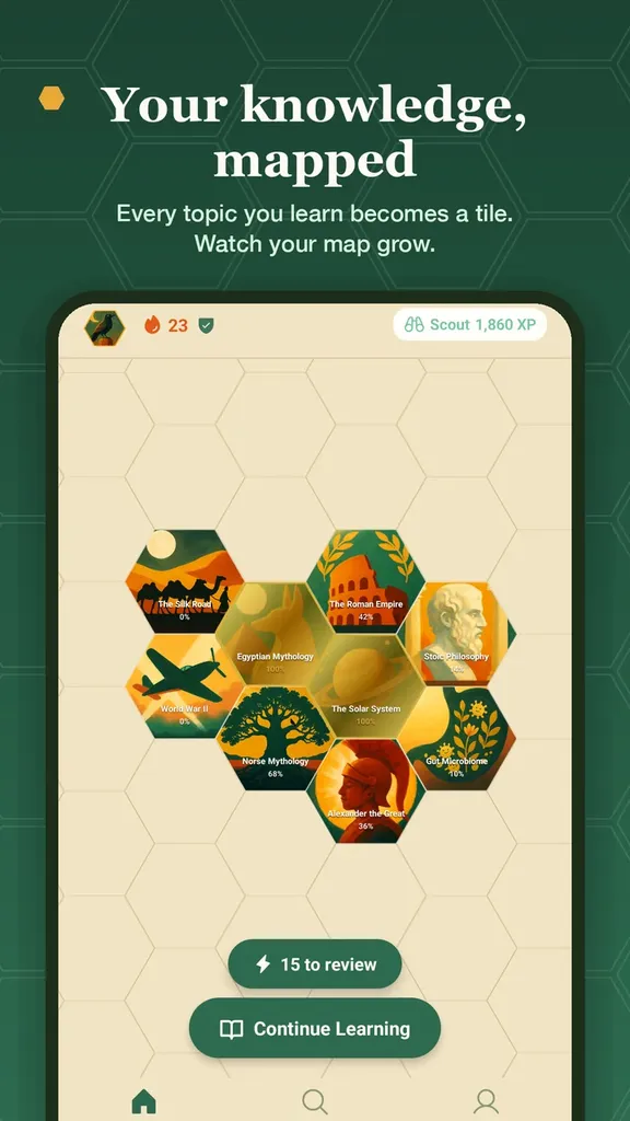 The Munin app showing a knowledge map of hexagonal topic tiles